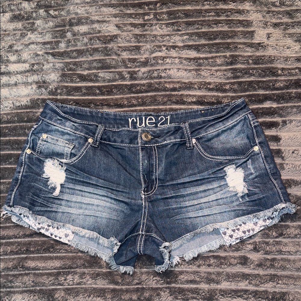 Rue21 Dark Blue Distressed Denim Shorts with Frayed Hem